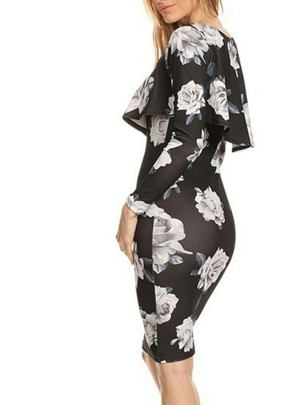 Gray Floral Ruffle Bodice Bodycon Dress - - Picture 4 of 4